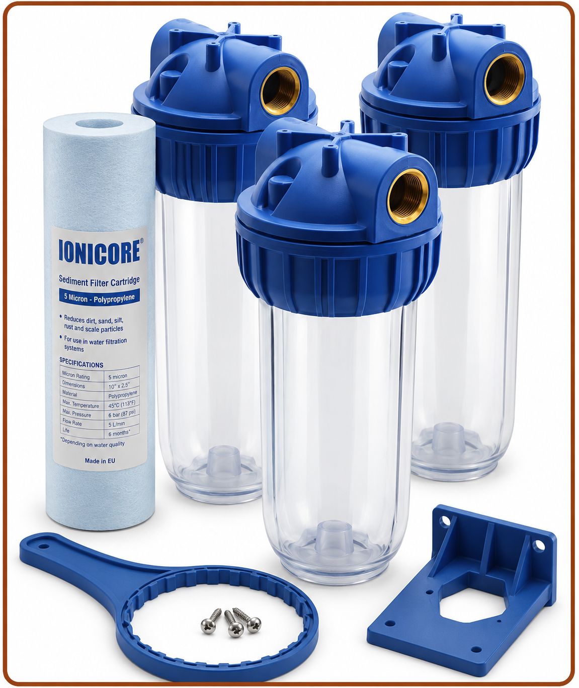 Filtrazione Blue kit completo contenitore standard 3 pezzi 10" IN-OUT 3/4" trasparente