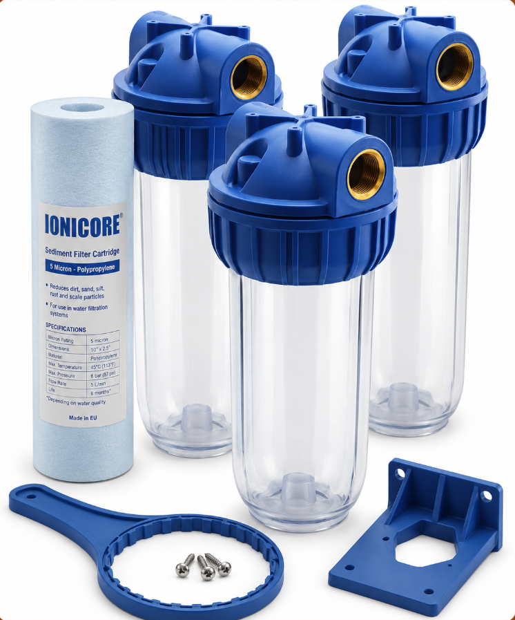 Filtrazione kit Blue completo contenitore standard 3 pezzi 10" IN-OUT 1/2" trasparente